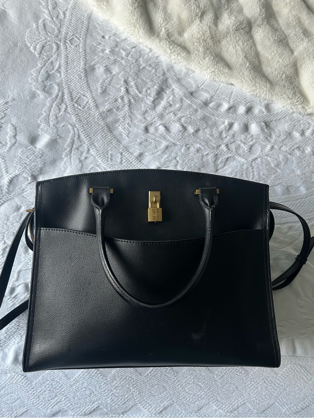 Ted Baker Classic Black Leather Tote Bag with Gold Hardware